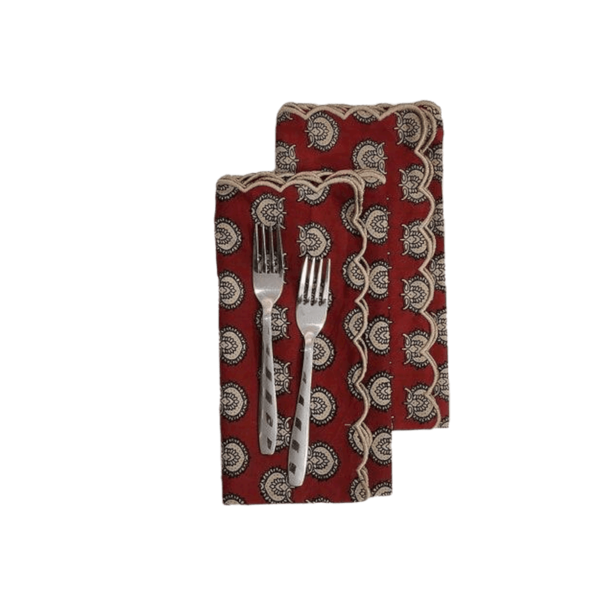 Red Block Printed Scalloped Cotton Napkins with Embroidered Trims