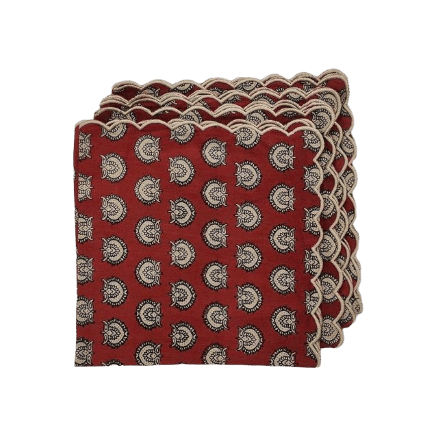 Red Block Printed Scalloped Cotton Napkins with Embroidered Trims