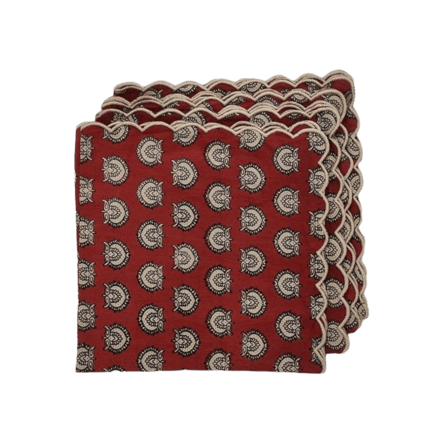 Red Block Printed Scalloped Cotton Napkins with Embroidered Trims - MAIA HOMES