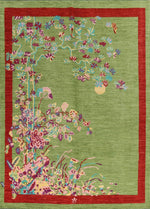 Red Bordered Spring Floral in the Green Sky Wool Hand Knotted Area Rug