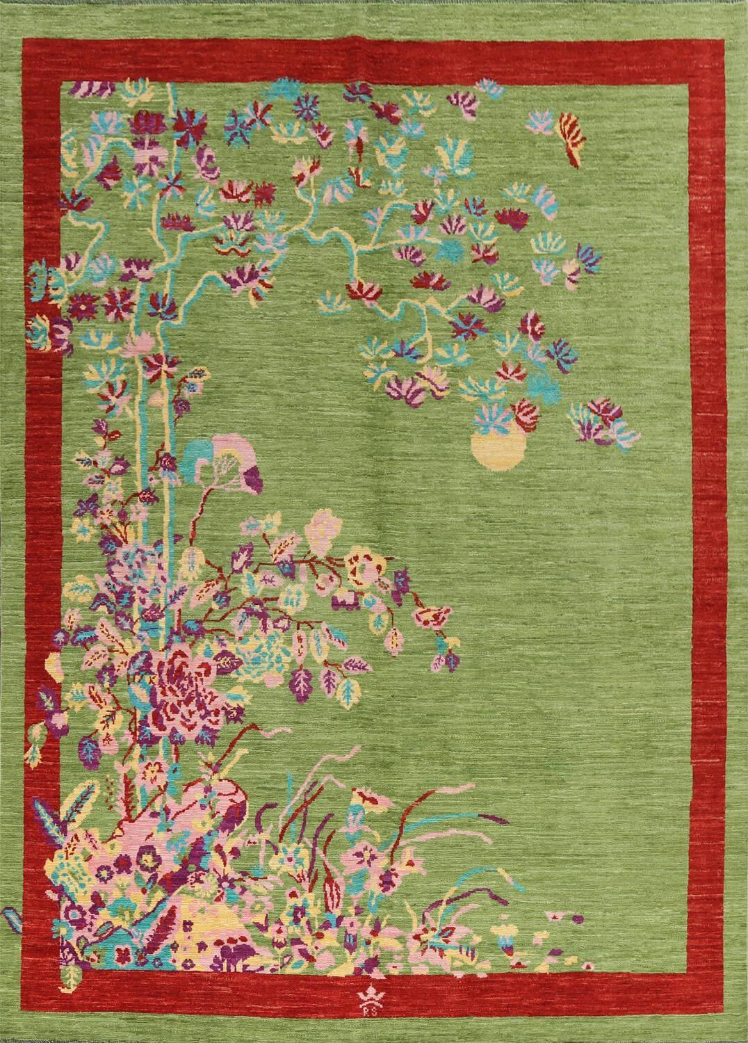Red Bordered Spring Floral in the Green Sky Wool Hand Knotted Area Rug - MAIA HOMES