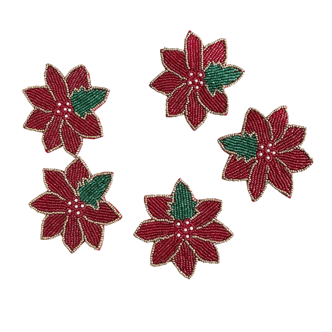 Red Christmas Blossom Beaded Coasters - Set of 6