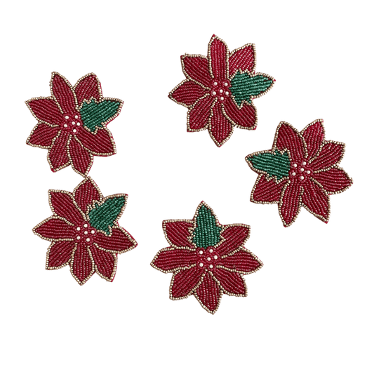 Red Christmas Blossom Beaded Coasters - Set of 6 - MAIA HOMES