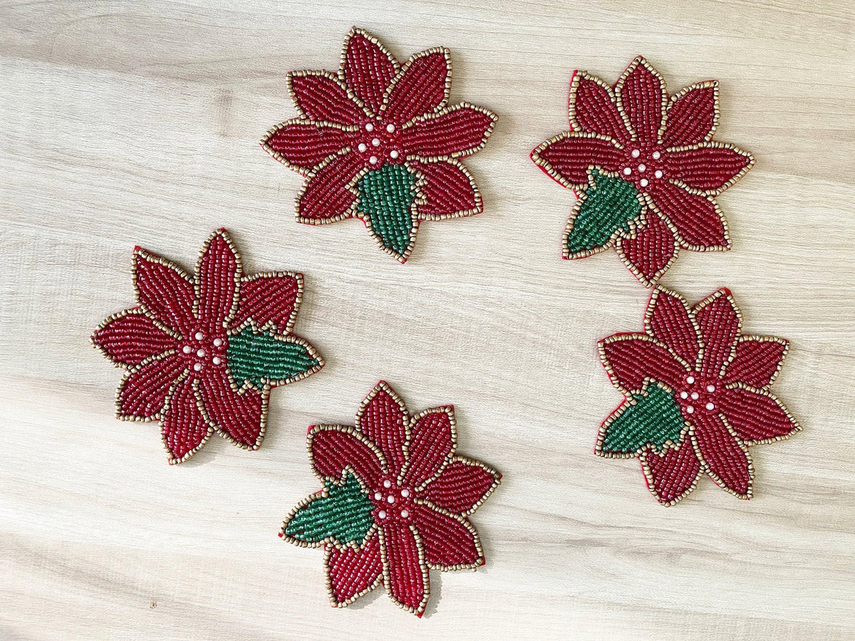 Red Christmas Blossom Beaded Coasters - Set of 6 Default Title