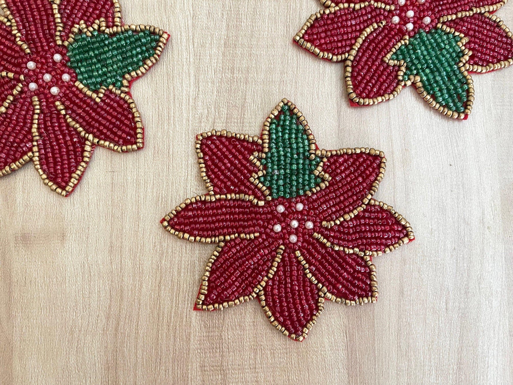 Red Christmas Blossom Beaded Coasters - Set of 6