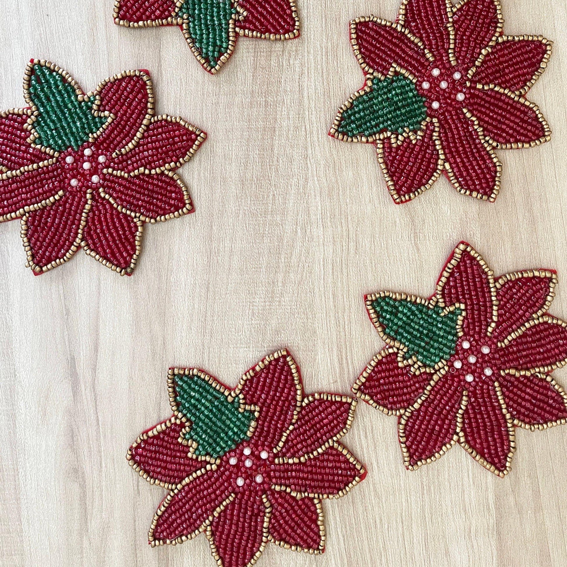Red Christmas Blossom Beaded Coasters - Set of 6 - MAIA HOMES