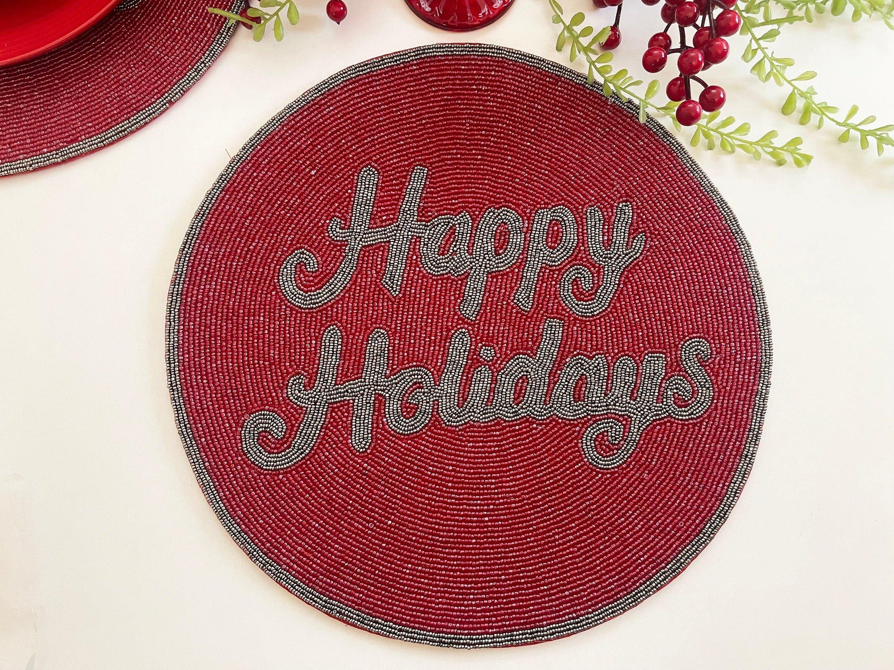 Red Christmas Happy Holiday Round Beaded Placemats - Set of 6 Default Title