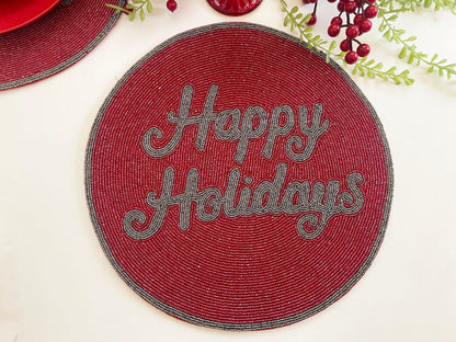 Red Christmas Happy Holiday Round Beaded Placemats - Set of 6 - MAIA HOMES
