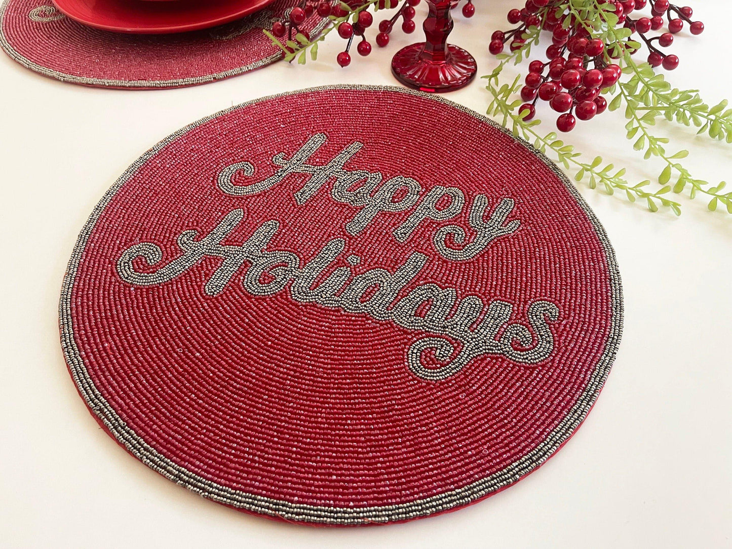 Red Christmas Happy Holiday Round Beaded Placemats - Set of 6 - MAIA HOMES