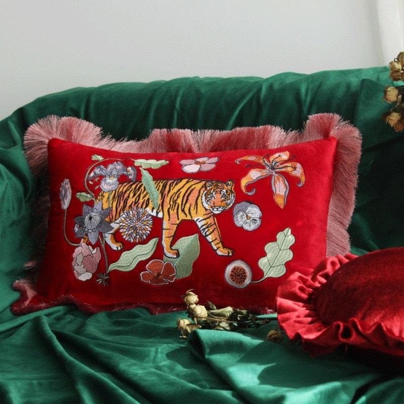 Red Embroidered Tiger Lumbar Pillow Cover with Fringes