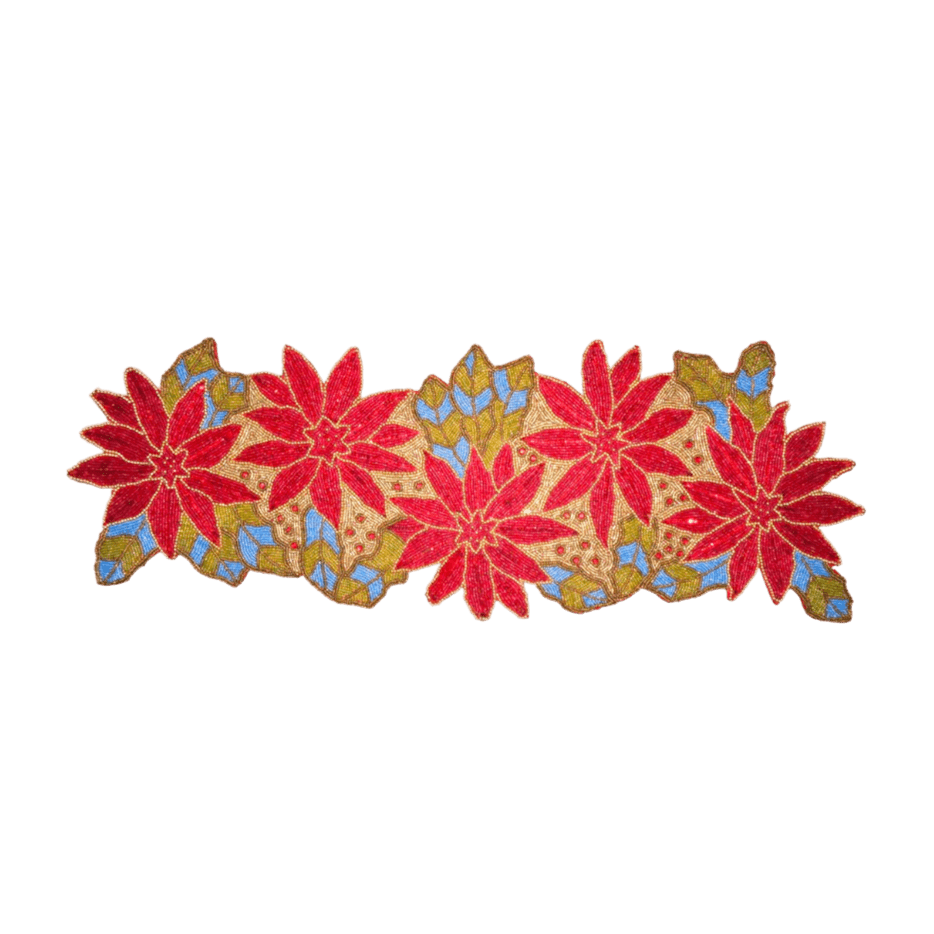 Red Floral Golden Beaded Table Runner