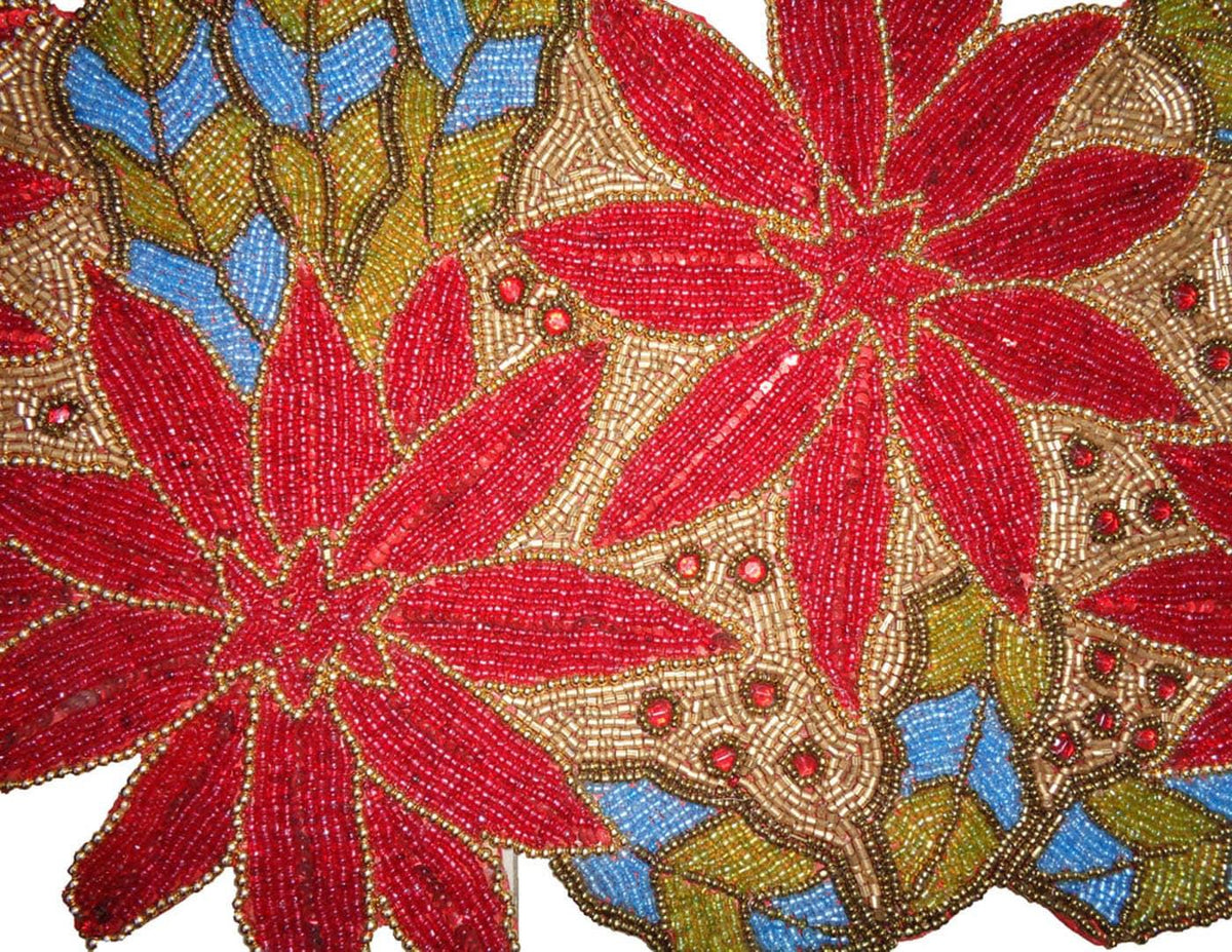 Red Floral Golden Beaded Table Runner