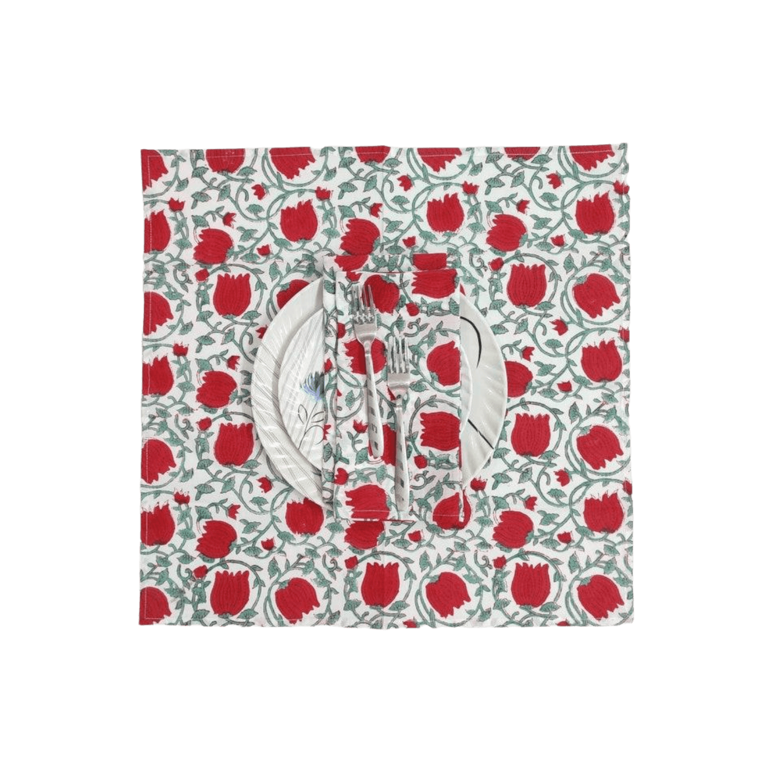 Red Floral Indian Block Print Cotton Napkins