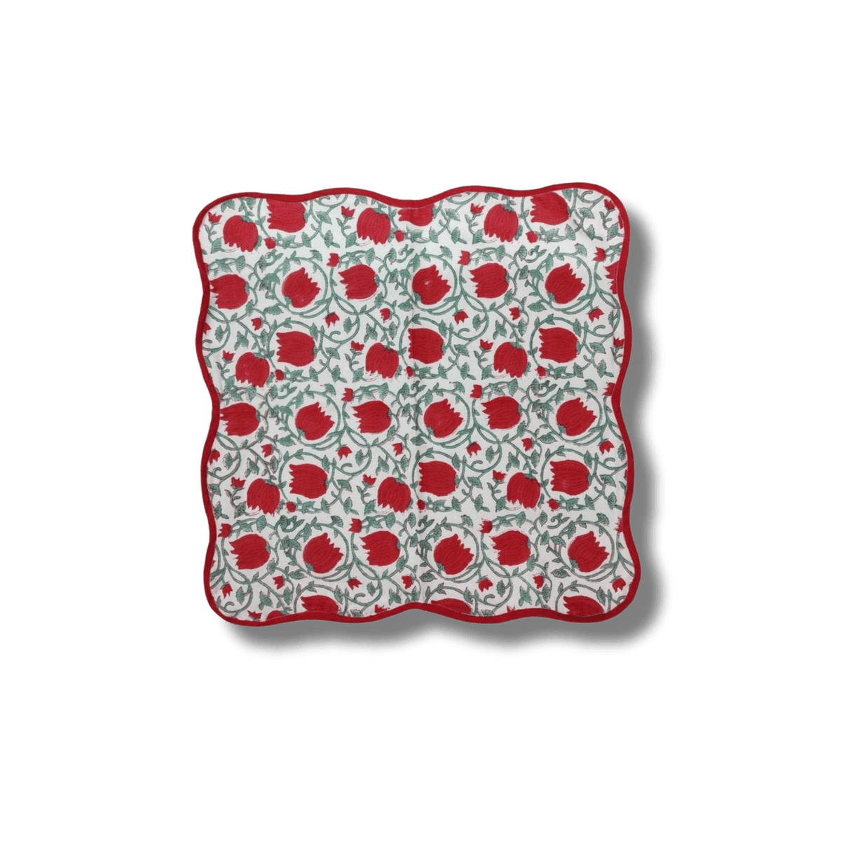 Red Floral Indian Block Print Scalloped Cotton Napkins