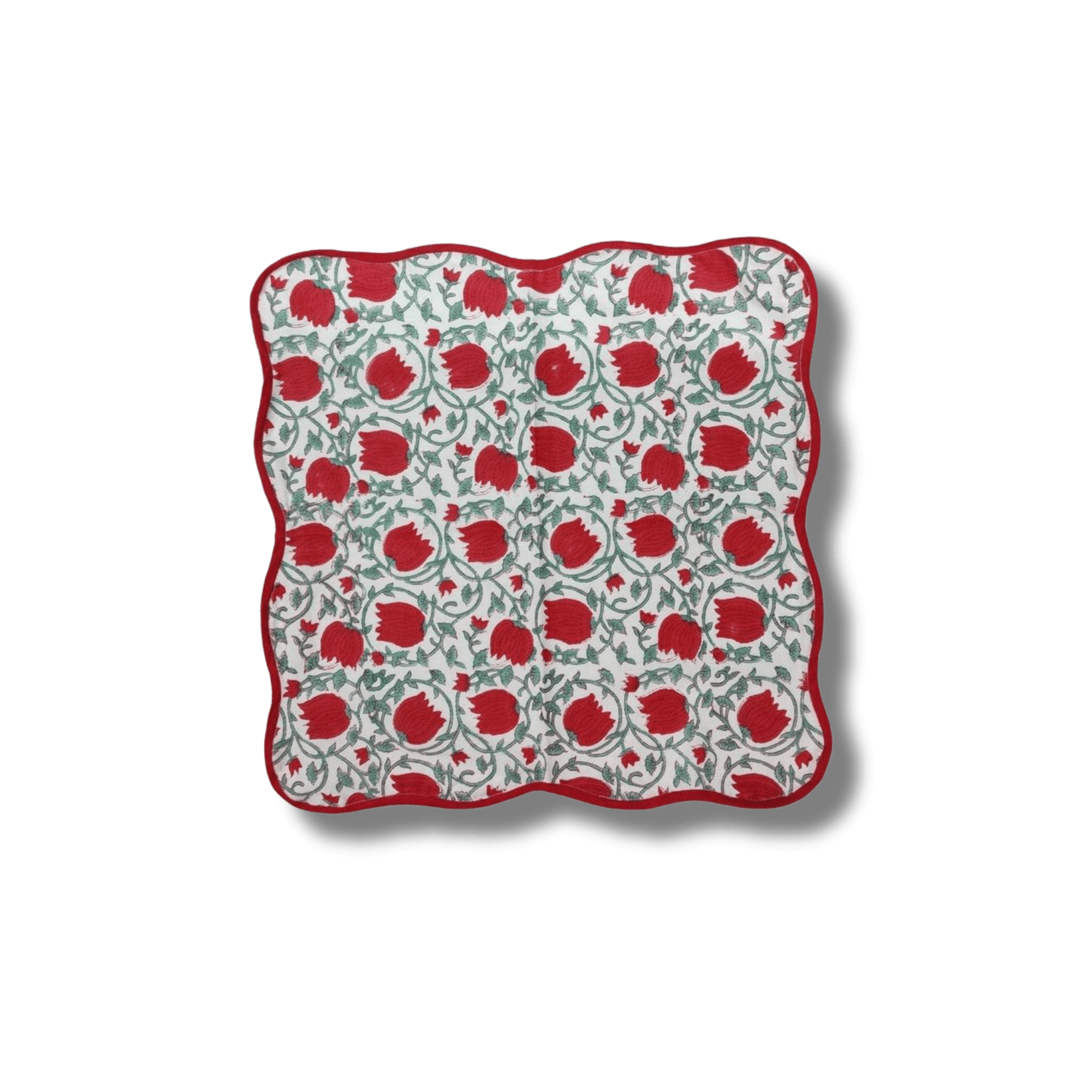 Red Floral Indian Block Print Scalloped Cotton Napkins - MAIA HOMES