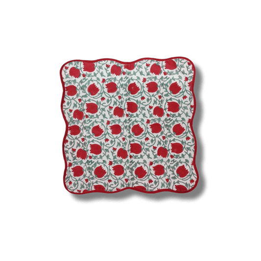 Red Floral Indian Block Print Scalloped Cotton Napkins