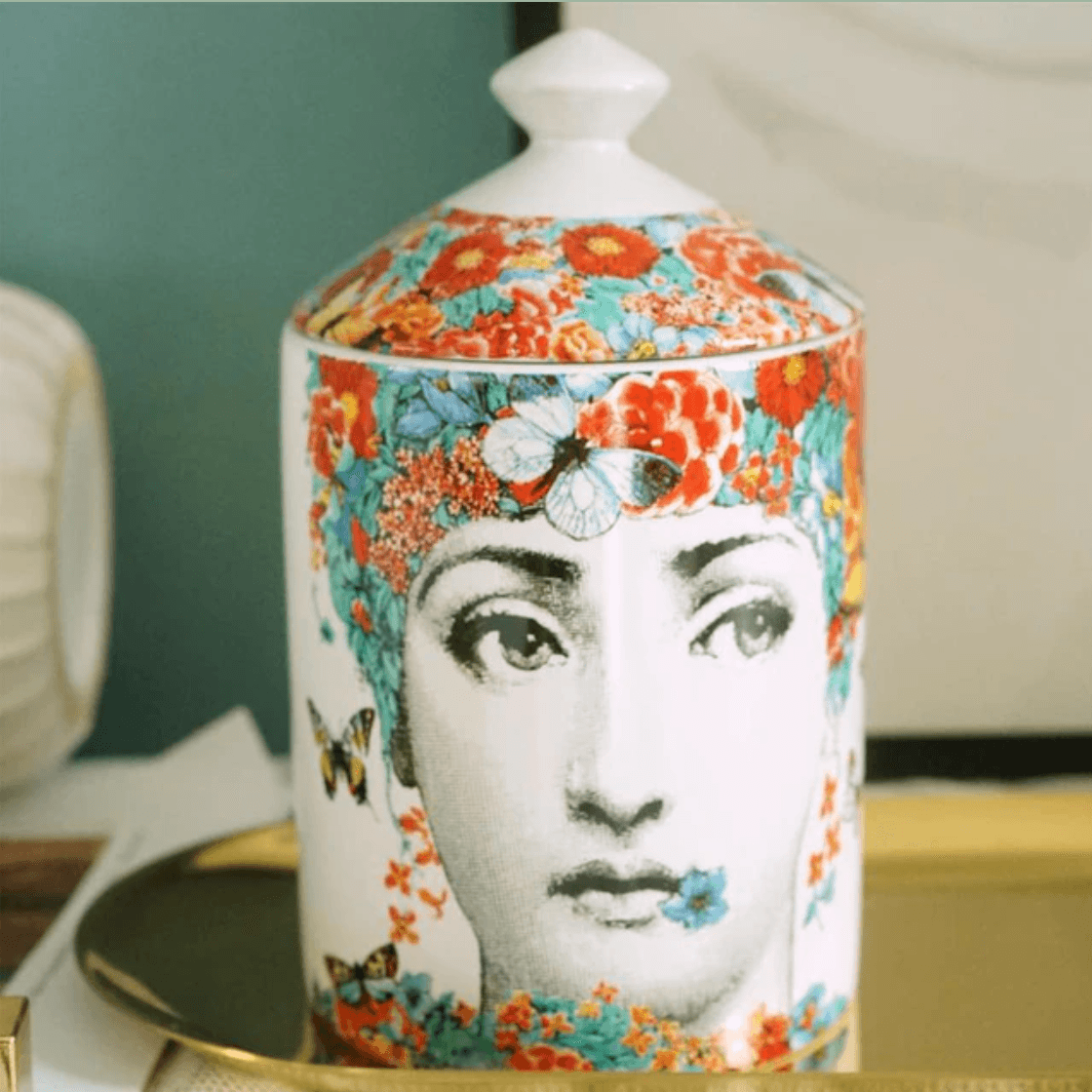 Red Floral Lina Cavalieri Ceramic Aromatherapy Candle Jar with Lid