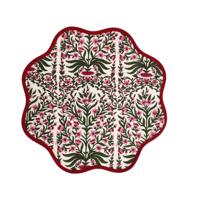 Red Floral Scalloped Cotton Round Placemats