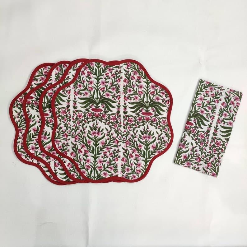 Red Floral Scalloped Cotton Round Placemats