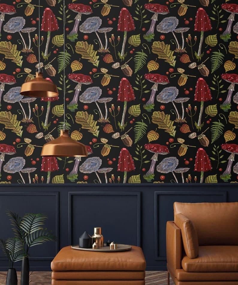 Red Mushrooms in the Dark Wallpaper - MAIA HOMES