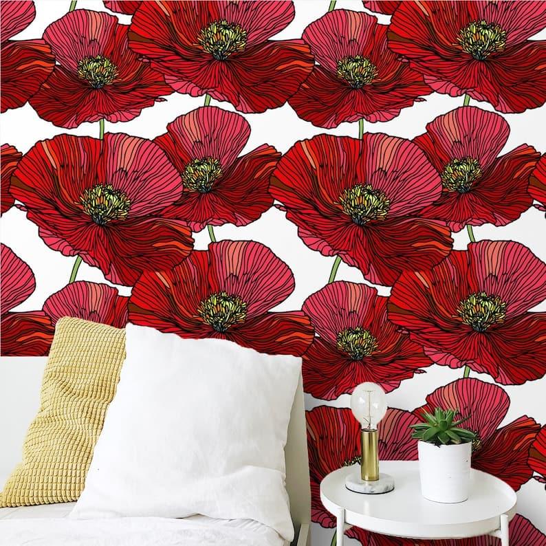 Red Oversized Poppies Floral Wallpaper - MAIA HOMES