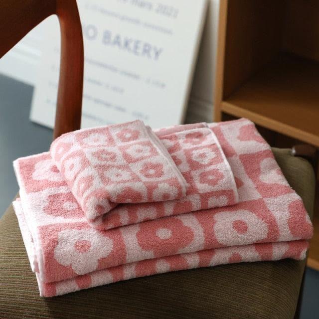 Retro Plaid Flower Bath Towel Pink 1 pc