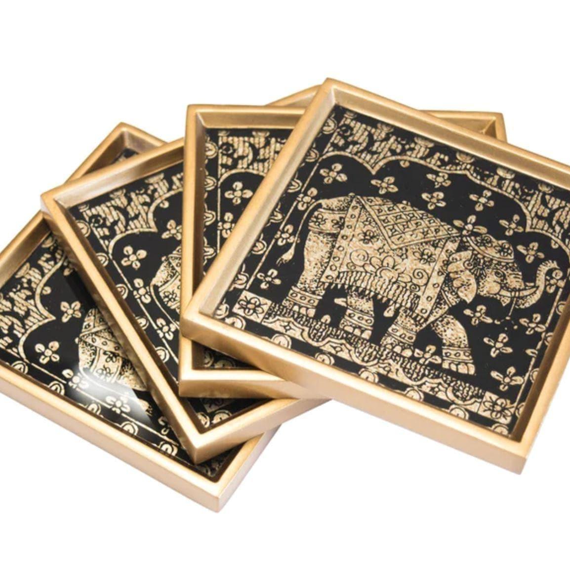 Reversed Painted Glass Gold Elephant Coasters - Set of 4 - MAIA HOMES