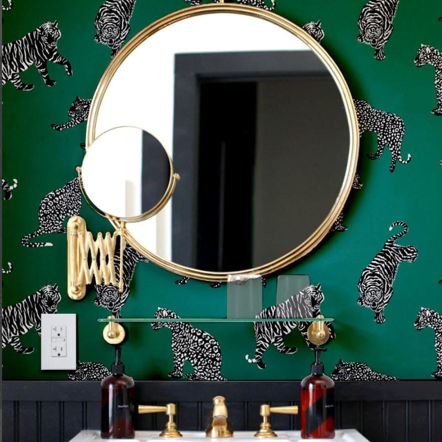 Roaming Wild Cat Tiger Floral Wallpaper - Black and Green