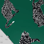 Roaming Wild Cat Tiger Floral Wallpaper - Black and Green