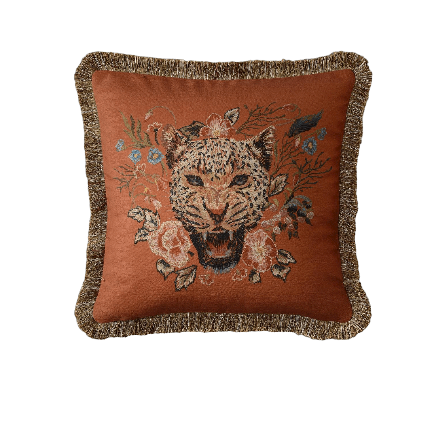 Roaring Leopard Floral Velvet Throw Cushion Cover with Fringe