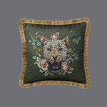 Roaring Leopard Floral Velvet Throw Cushion Cover with Fringe Fringed Green