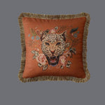 Roaring Leopard Floral Velvet Throw Cushion Cover with Fringe Fringed Orange