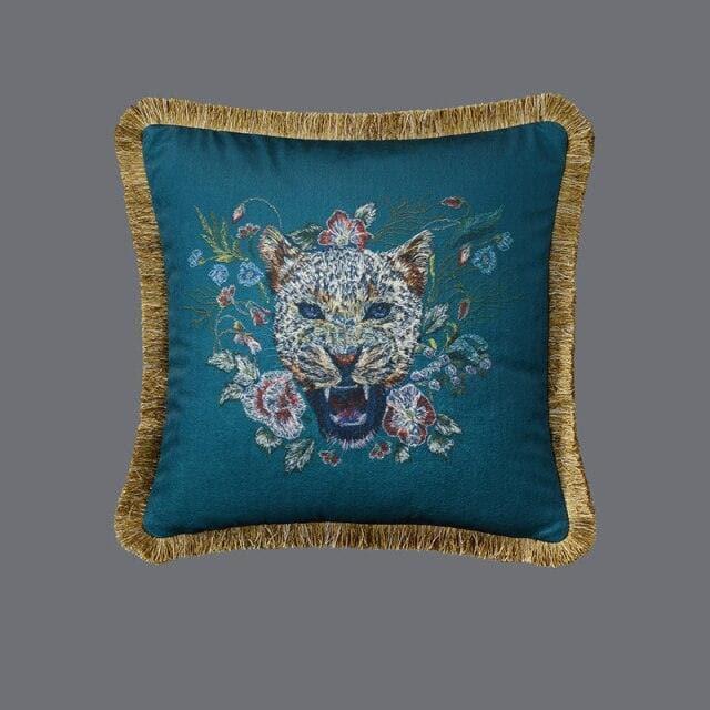 Roaring Leopard Floral Velvet Throw Cushion Cover with Fringe Fringed Blue