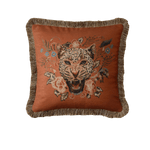 Roaring Leopard Floral Velvet Throw Cushion Cover with Fringe