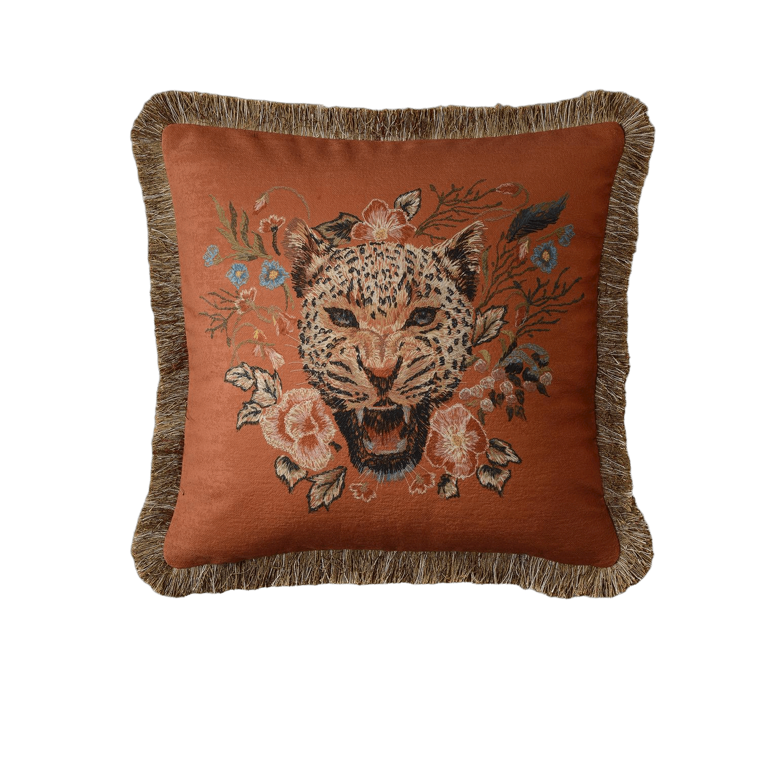 Roaring Leopard Floral Velvet Throw Cushion Cover with Fringe - MAIA HOMES