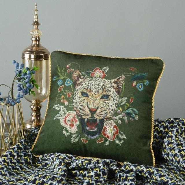 Roaring Leopard Floral Velvet Throw Cushion Cover with Fringe Green