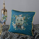 Roaring Leopard Floral Velvet Throw Cushion Cover with Fringe Blue