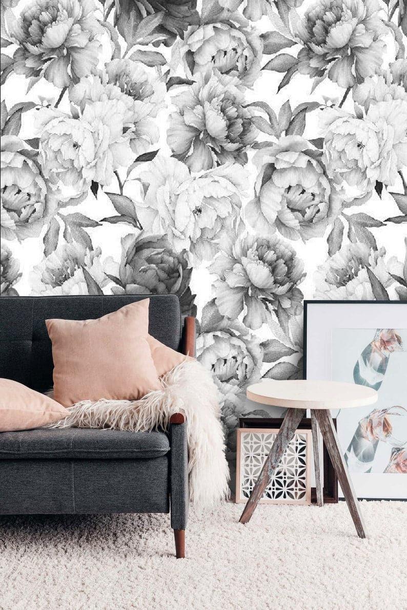 Romantic Gray Oversized Peony Wallpaper