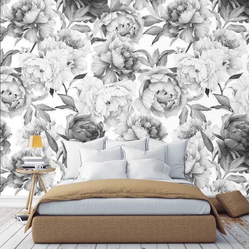 Romantic Gray Oversized Peony Wallpaper