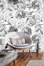 Romantic Gray Oversized Peony Wallpaper