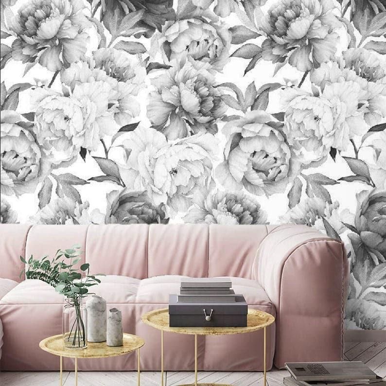 Romantic Gray Oversized Peony Wallpaper