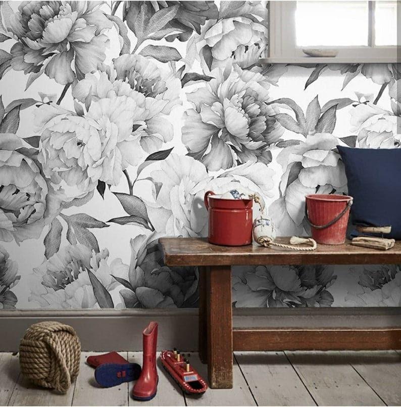 Romantic Gray Oversized Peony Wallpaper