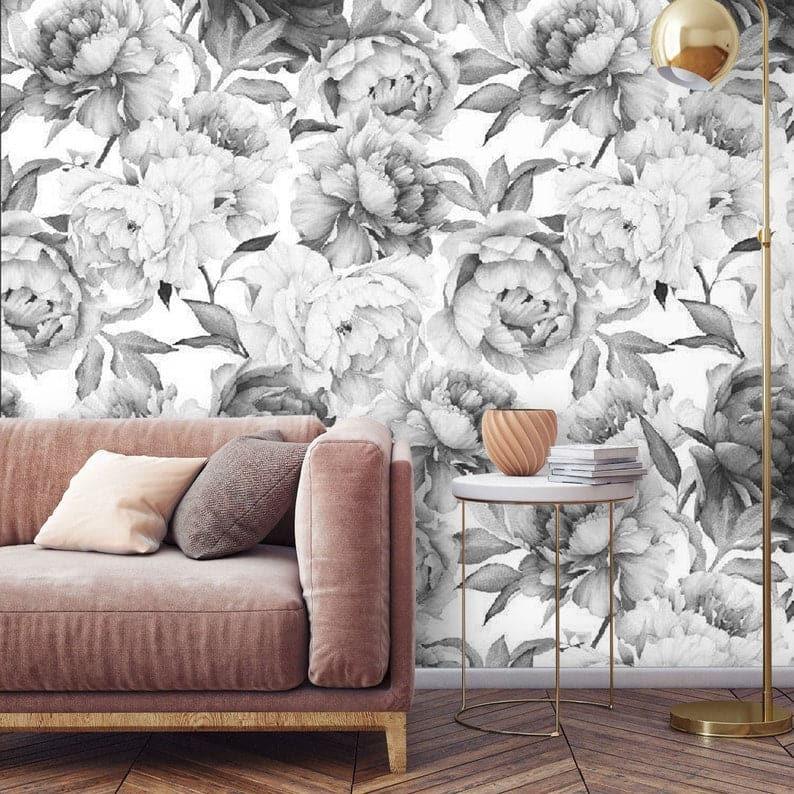 Romantic Gray Oversized Peony Wallpaper