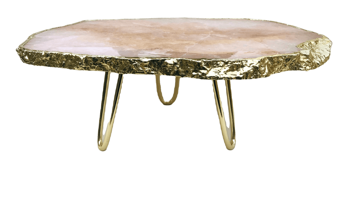 Rose Quartz Agate Cake Stand with Brass Legs