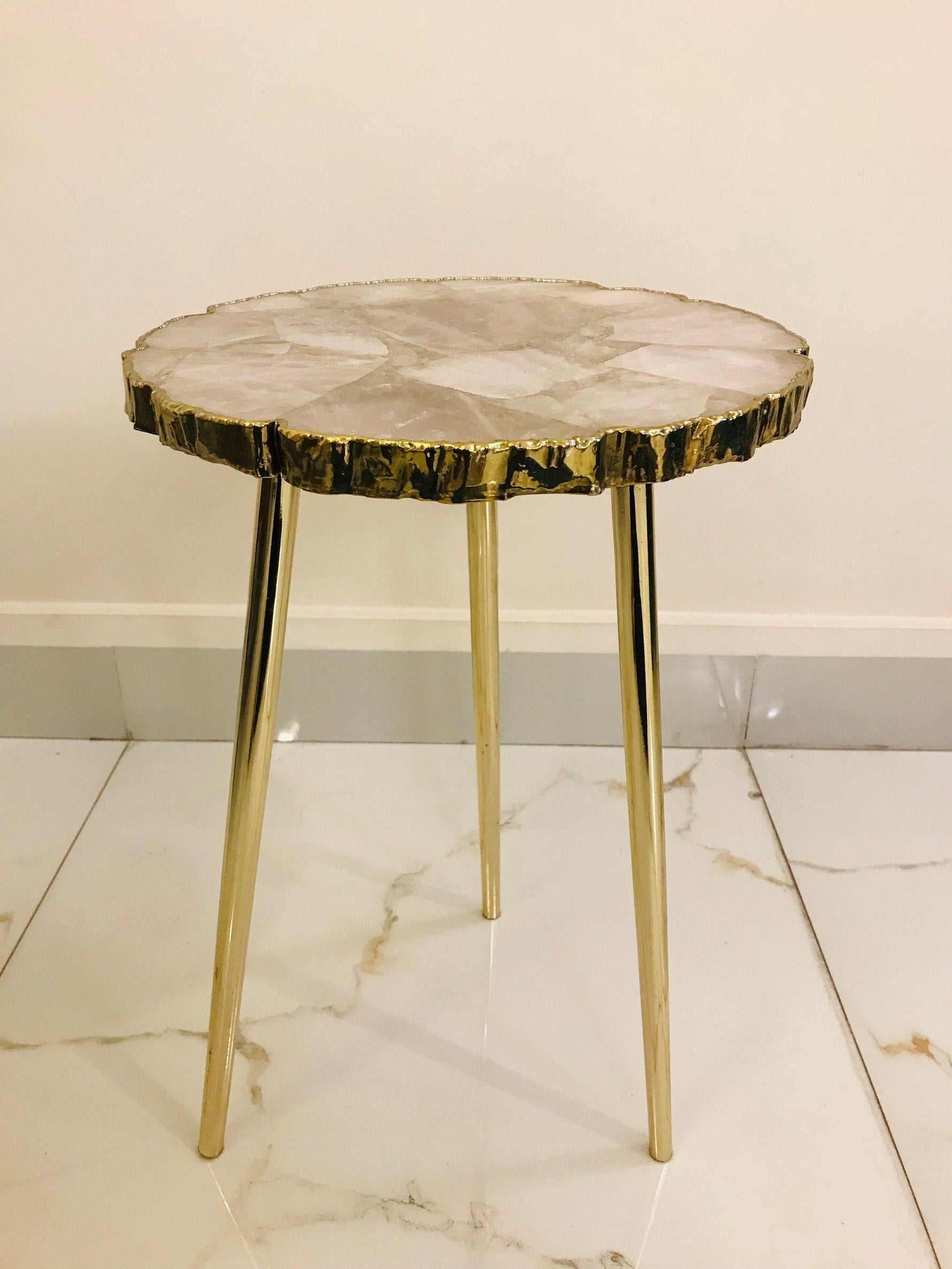 Rose Quartz Agate Organic Edge Accent Table 16 inch Diameter Rose Gold