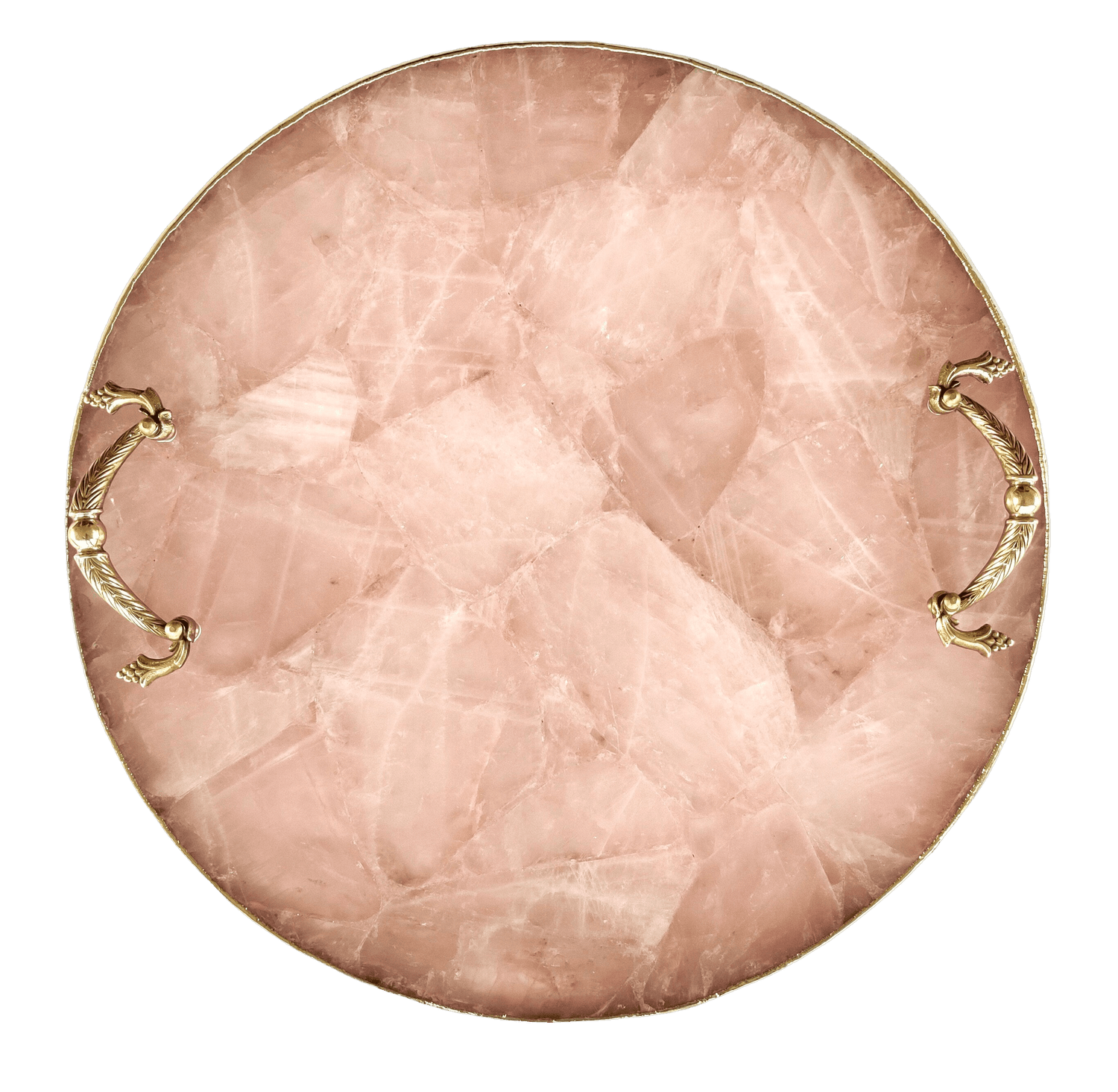 Rose Quartz Agate Round Serving Tray With Brass Handles 14 inches Rose Gold