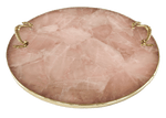 Rose Quartz Agate Round Serving Tray With Brass Handles