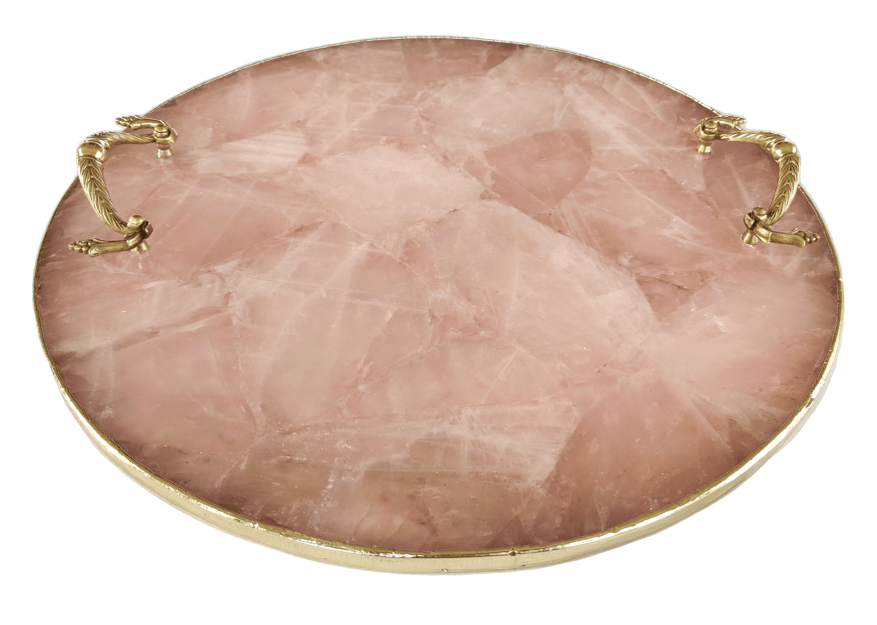 Rose Quartz Agate Round Serving Tray With Brass Handles