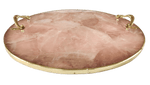 Rose Quartz Agate Round Serving Tray With Brass Handles