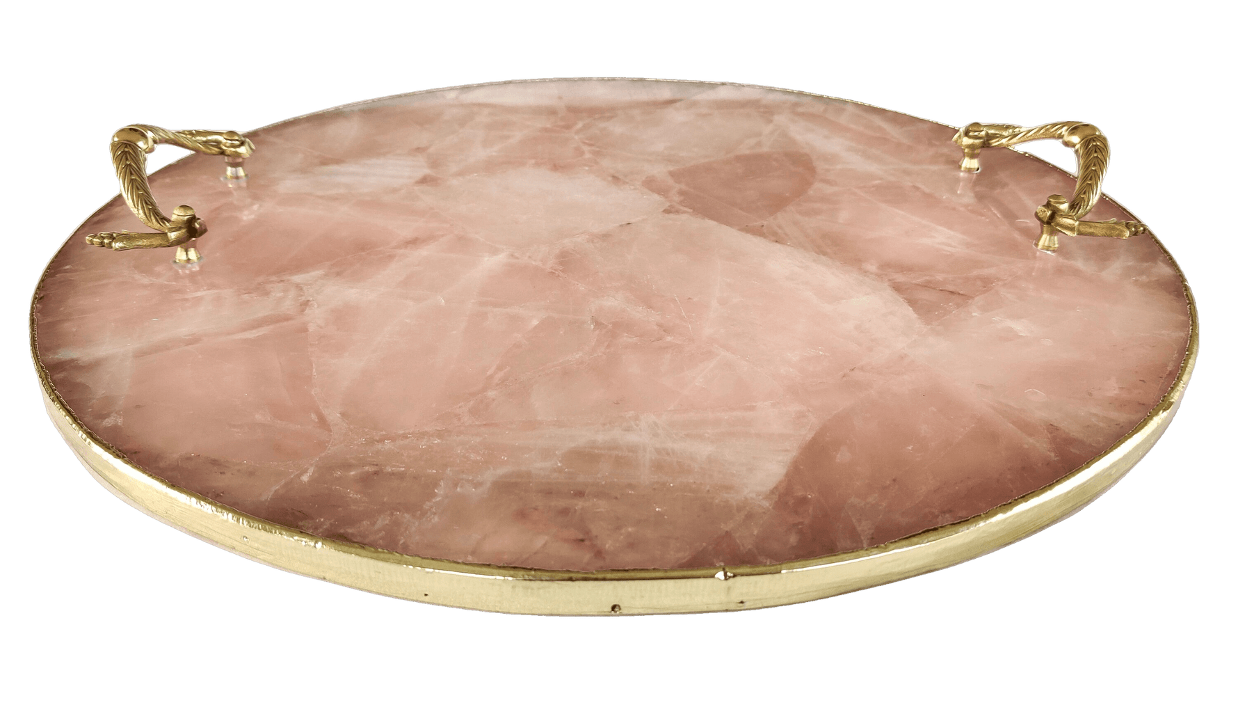 Rose Quartz Agate Round Serving Tray With Brass Handles